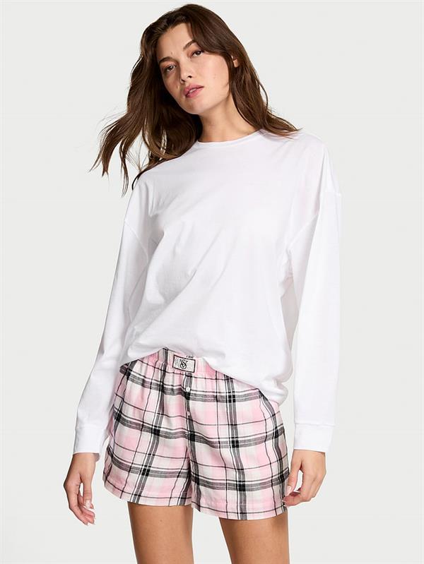 Uzun Kollu Tisort Sort Flannel Pijama Takimi