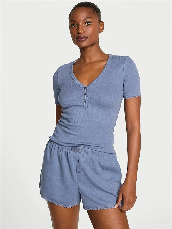 Pointelle Modal Henley Tisort Ve Boxer Sort Takimi ön görünüm