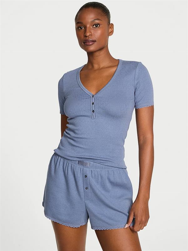 Pointelle Modal Henley Tisort Ve Boxer Sort Takimi