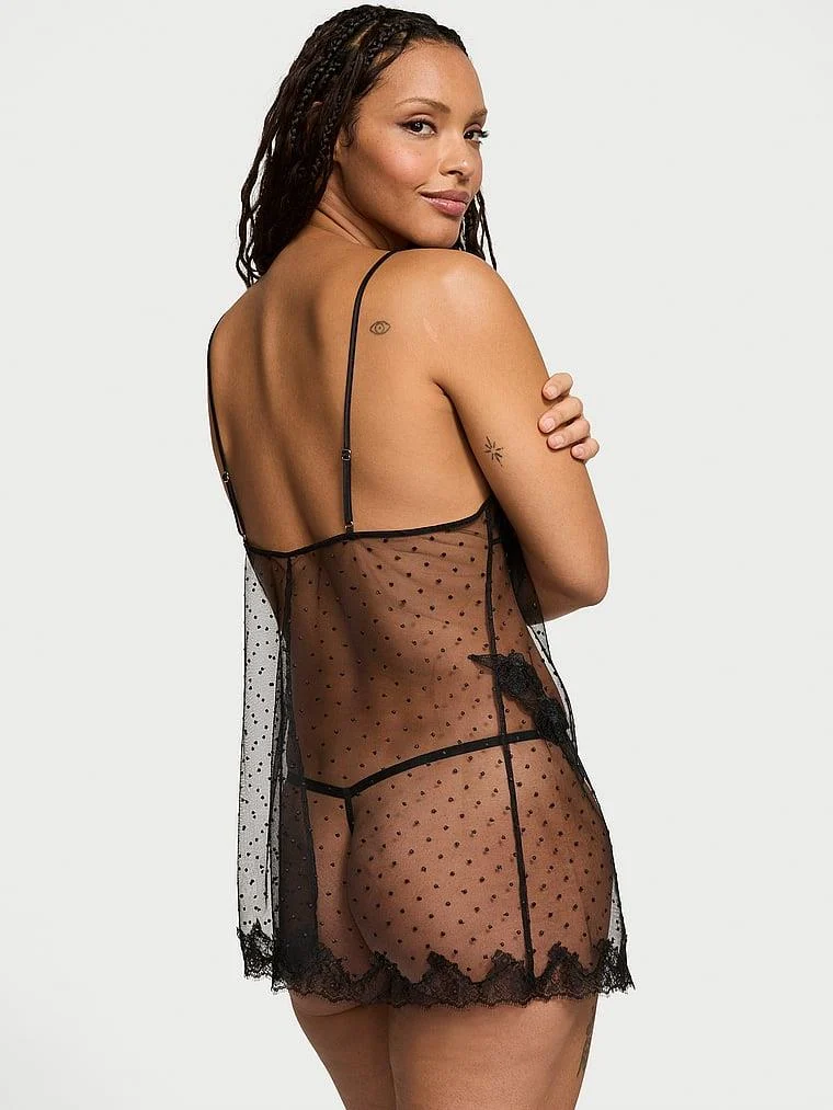 Sifon Gul Puantiyeli Babydoll Takimi arka görünüm