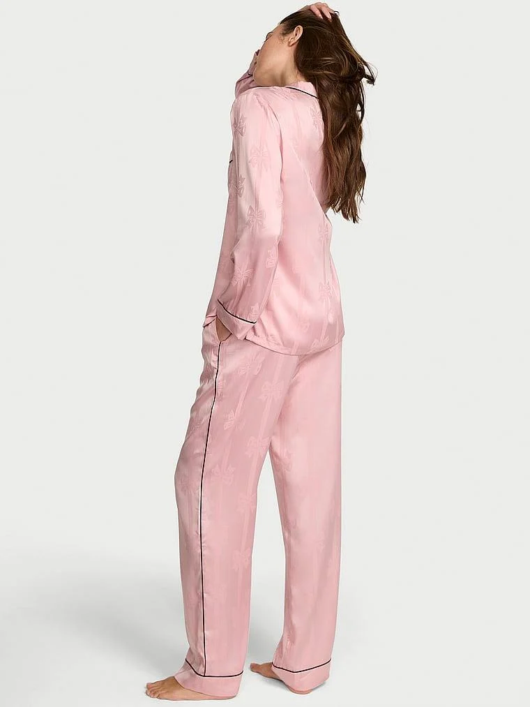 Glazed Saten Fiyonklu Cizgili Uzun Pijama Takimi arka görünüm