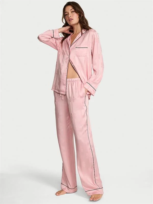 Glazed Saten Fiyonklu Cizgili Uzun Pijama Takimi ön görünüm