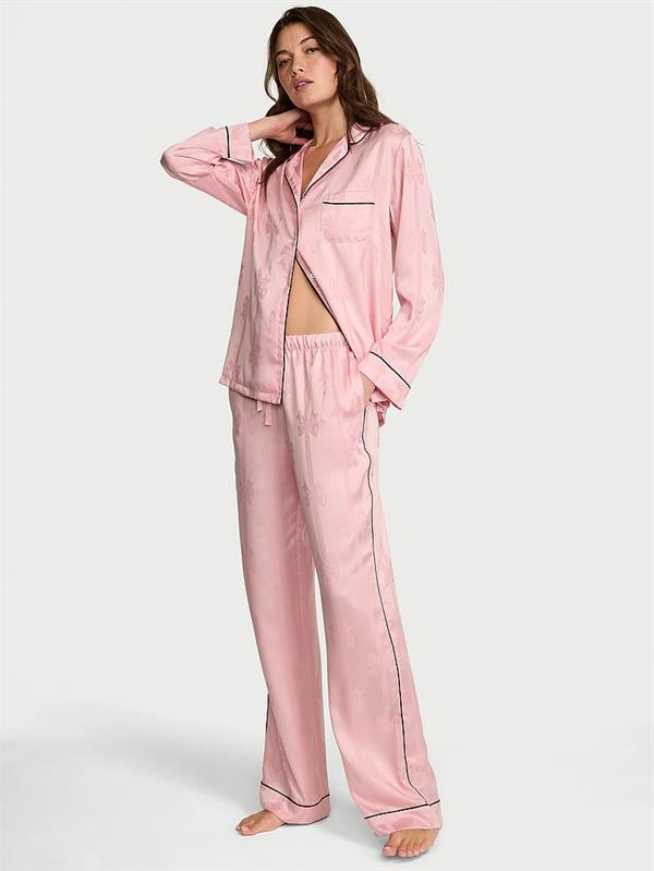 Glazed Saten Fiyonklu Cizgili Uzun Pijama Takimi