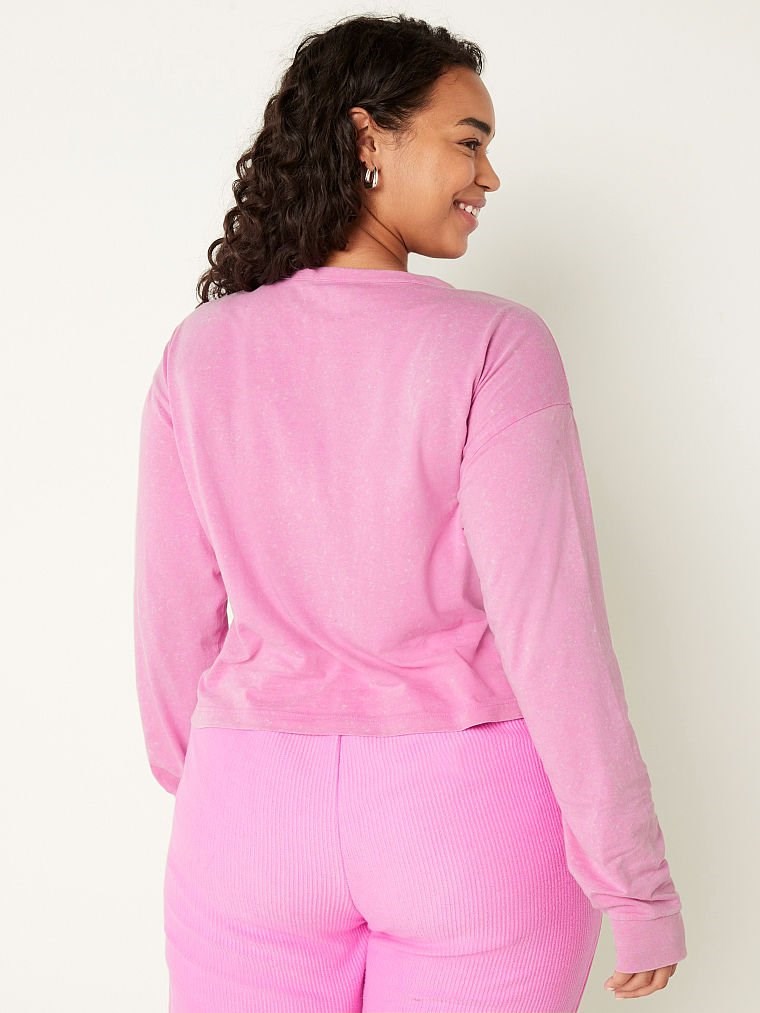 Pink Pamuk Crop Uzun Kollu Kampus Dugmeli Tisort arka görünümü