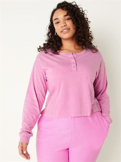Pink Pamuk Crop Uzun Kollu Kampus Dugmeli Tisort