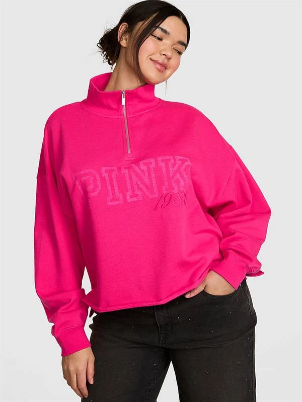 Pink Kampus Fermuarli Balikci Yaka Sweatshirt ön görünüm
