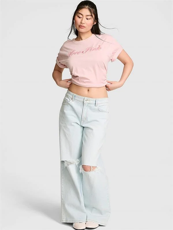Pink Oversize Kısa Kollu Kampus Tisort ön görünüm
