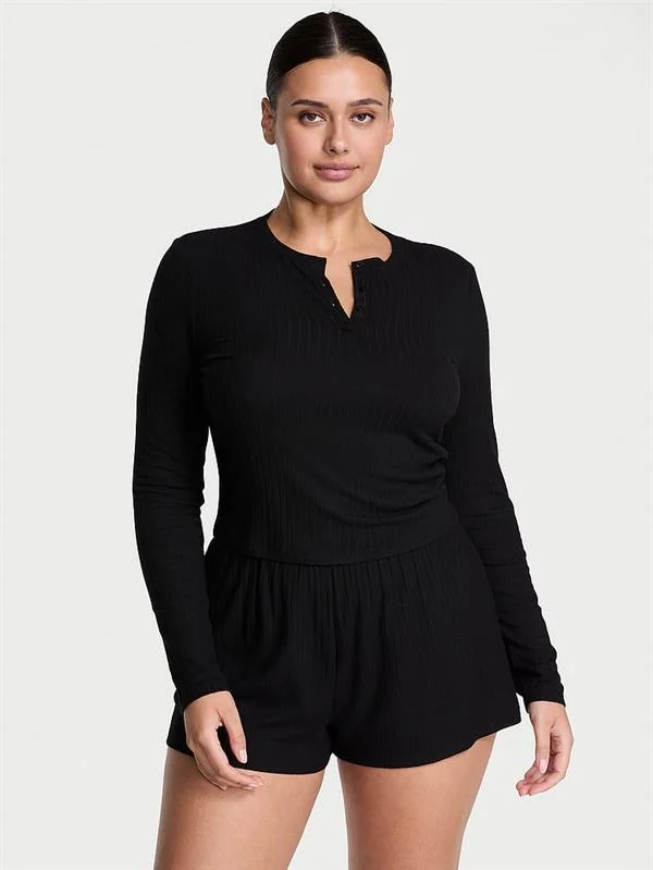 Modal Dokulu Uzun Kollu Sortlu Pijama Takimi