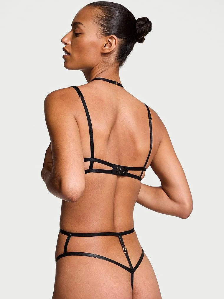 Deri Gorunumlu Acik Kapli Playsuit arka görünüm