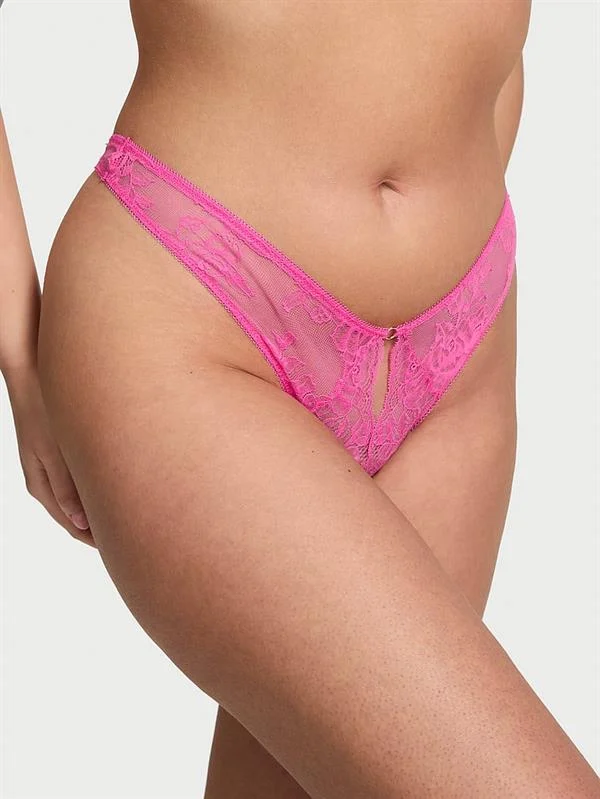 Gul Dantelli Derin Bacak Kesim Crotchless Tanga ön görünüm