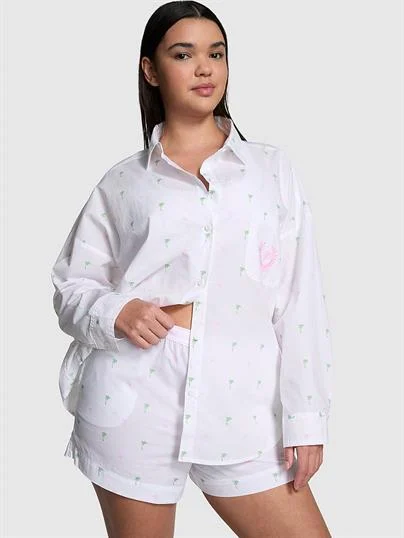 Pink Pamuklu Poplin Oversize Dugmeli Uyku Gomlegi ön görünüm