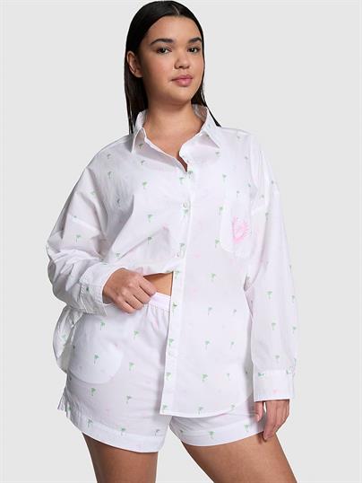 Pink Pamuklu Poplin Oversize Dugmeli Uyku Gomlegi
