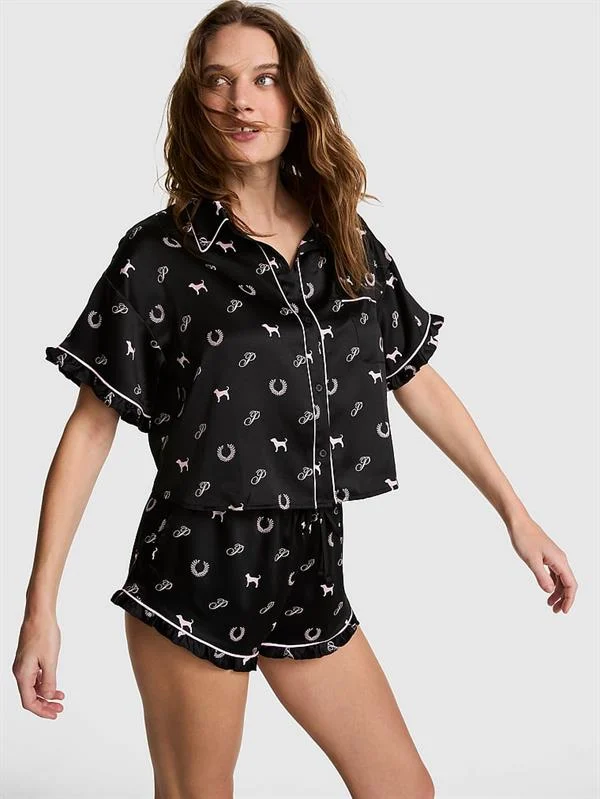 Pink Grwpink Saten Kısa Kollu Ve Sortlu Pijama Takimi ön görünüm