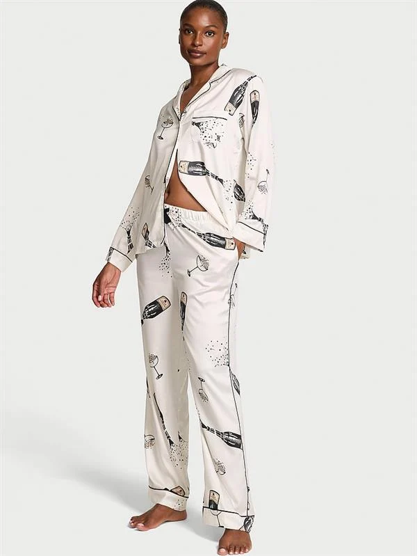 Parlak Saten Uzun Pijama Takimi