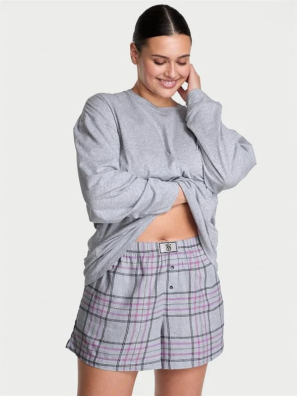 Uzun Kollu Tisort Sort Flannel Pijama Takimi