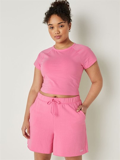 Pink Pamuklu Kısa Kollu Crop Ust