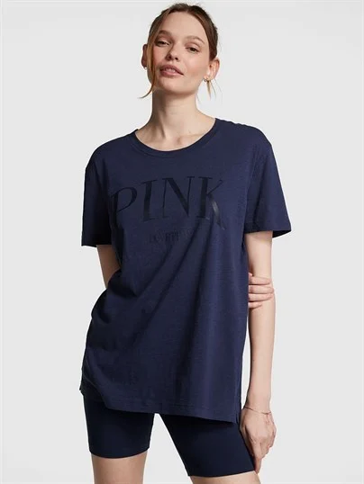 Pink Pamuklu Kısa Kollu Kampus Tisort