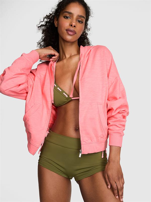 Pink Fermuarli Kapusonlu Sweatshirt