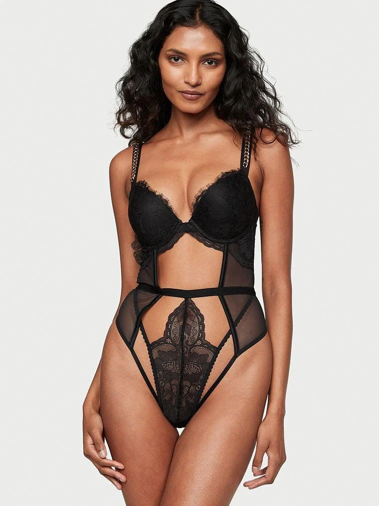 Işıltılı Zincir Askili Dantelli Push Up Teddy arka görünüm