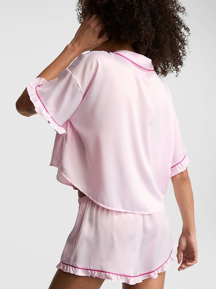 Pink Grwpink Saten Kısa Kollu Ve Sortlu Pijama Takimi arka görünüm