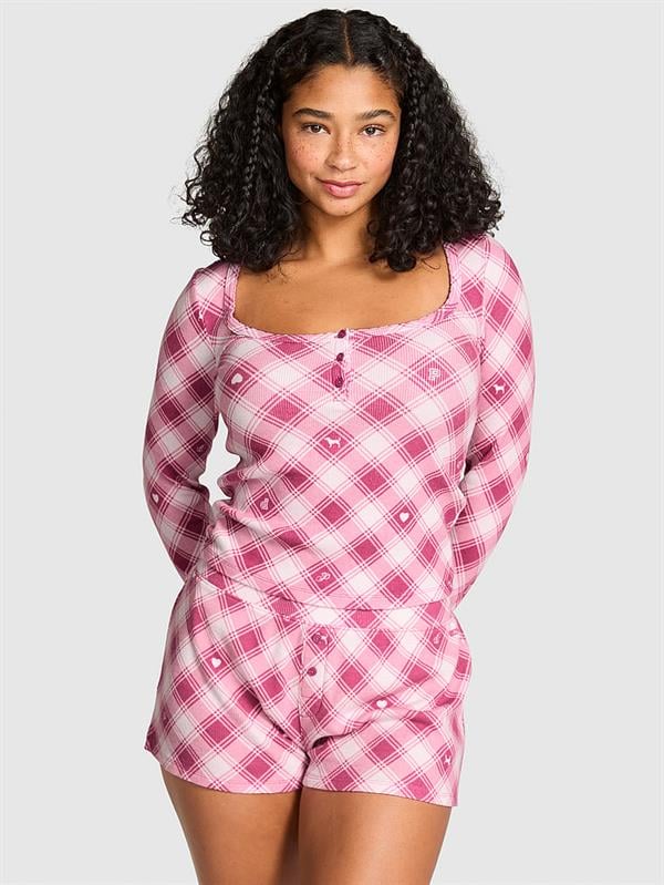 Pink Termal Henley Pijama Ustu ön görünüm