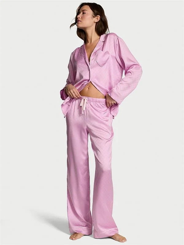 Glazed Saten Kalpli Uzun Pijama Takimi ön görünüm