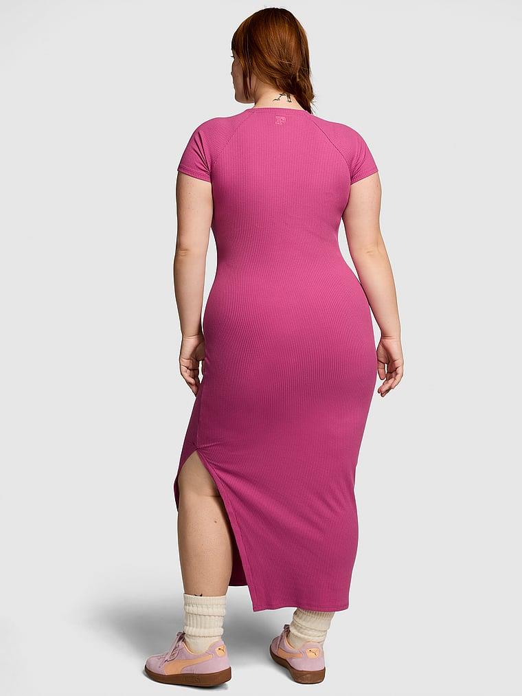 Pink Kısa Kollu Ribanali Midi Elbise arka görünümü