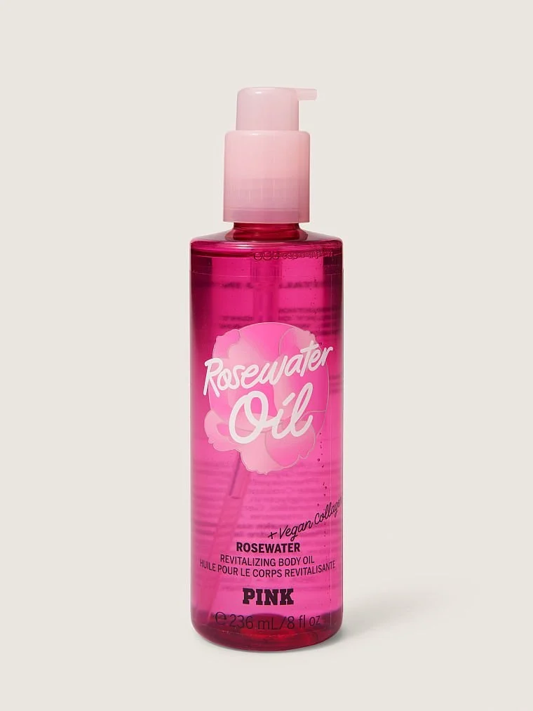 Pink Rosewater Oil Vegan Kolajenli Canlandirici Vücut Yagi arka görünüm