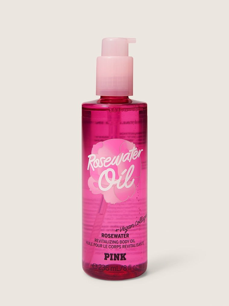Pink Rosewater Oil Vegan Kolajenli Canlandirici Vücut Yagi arka görünümü