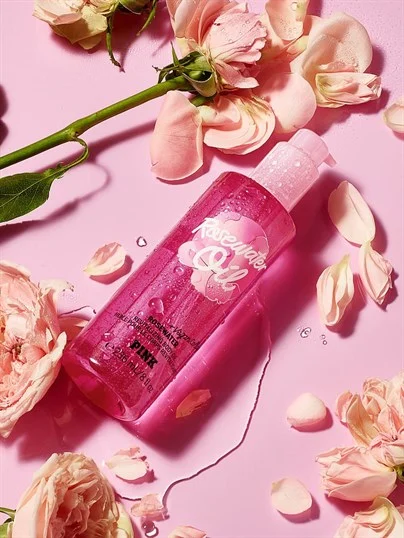 Pink Rosewater Oil Vegan Kolajenli Canlandirici Vücut Yagi ön görünüm