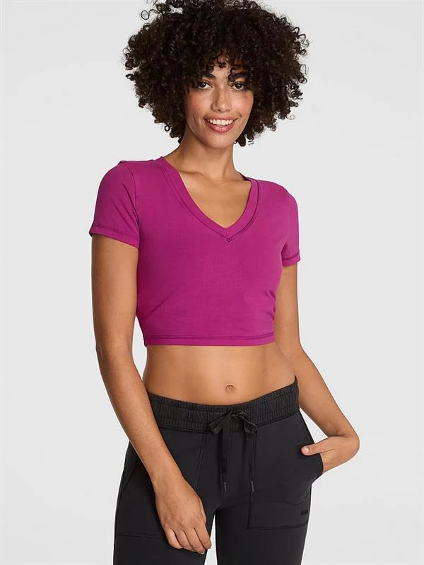 Pink All Day Pamuklu V Yaka Crop Tisort