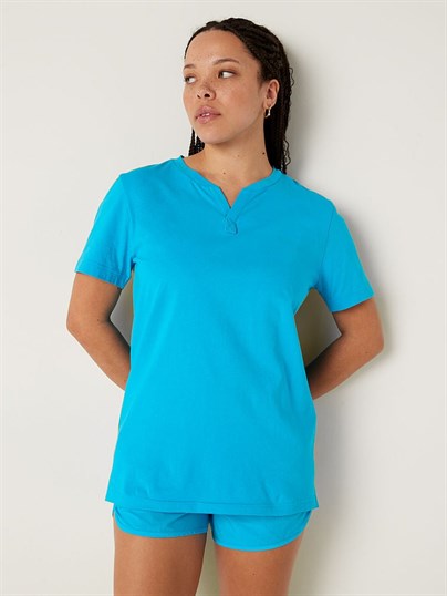 Pink Cotton Short Sleeve Henley Campus T Shirt ön görünüm