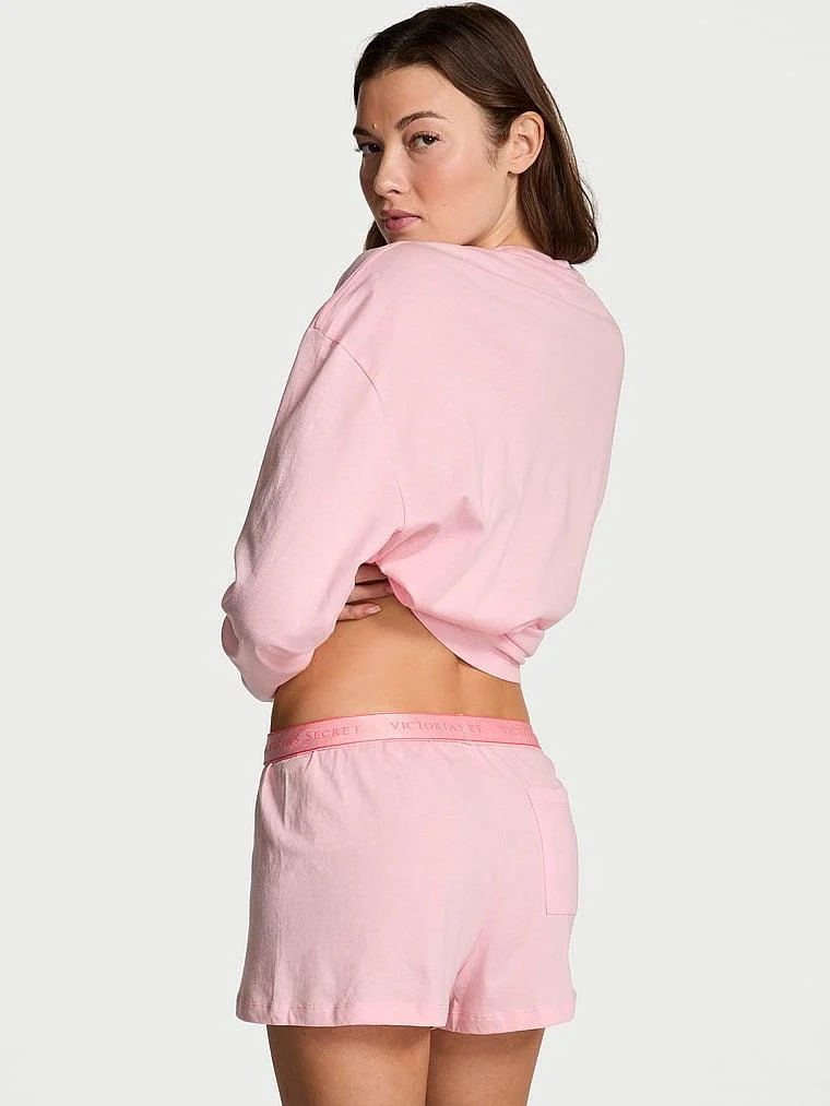 100 Pamuklu Işıltılı Detayli Uzun Kollu Sortlu Pijama Takimi arka görünüm