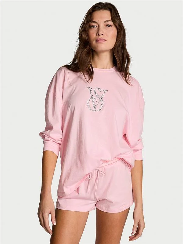 100 Pamuklu Işıltılı Detayli Uzun Kollu Sortlu Pijama Takimi