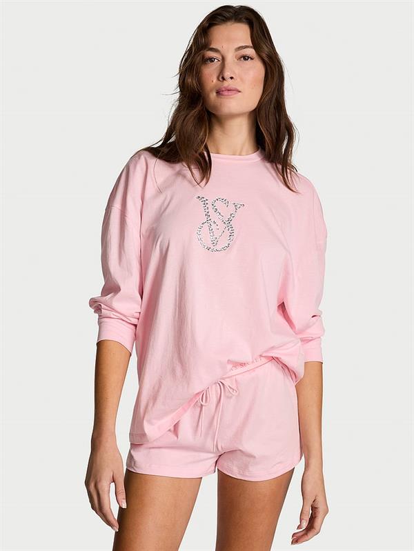 100 Pamuklu Işıltılı Detayli Uzun Kollu Sortlu Pijama Takimi
