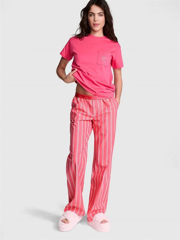 Pink Pamuklu Poplin Logolu Pijama Alti ön görünüm