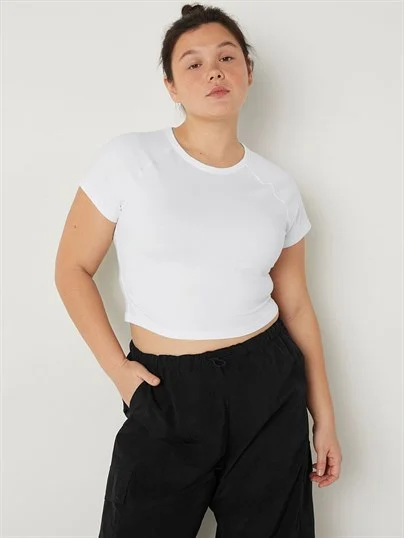 Pink Pamuklu Kısa Kollu Crop Ust ön görünüm