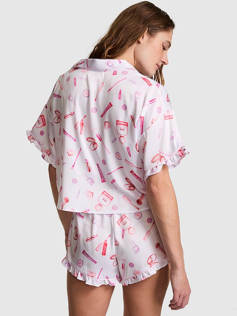 Pink Grwpink Saten Kısa Kollu Ve Sortlu Pijama Takimi arka görünüm
