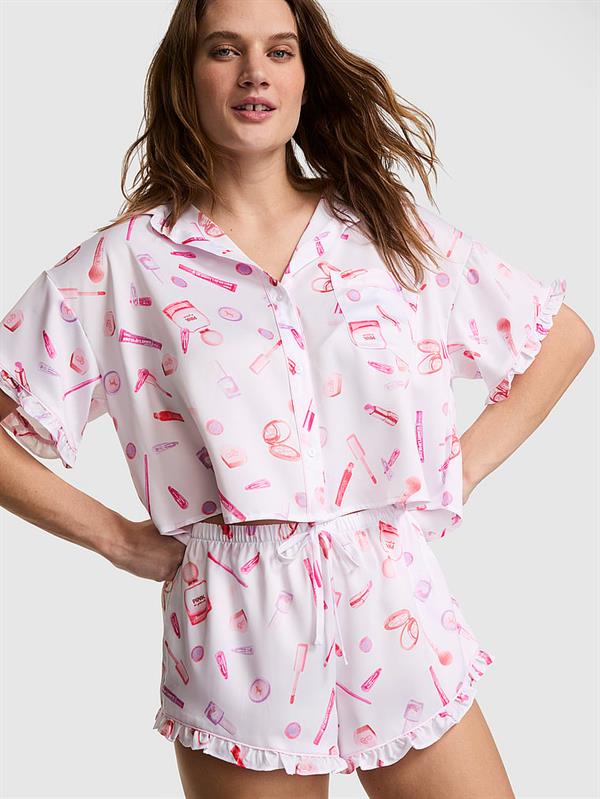 Pink Grwpink Saten Kısa Kollu Ve Sortlu Pijama Takimi