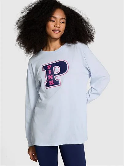 Pink Oversize Uzun Kollu Kampus Tisort