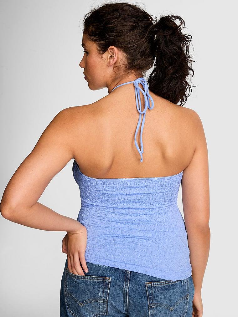 Pink Cicek Desenli Jakarli Halter Bluz arka görünümü