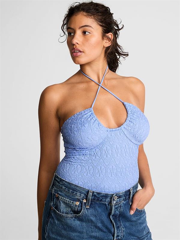 Pink Cicek Desenli Jakarli Halter Bluz