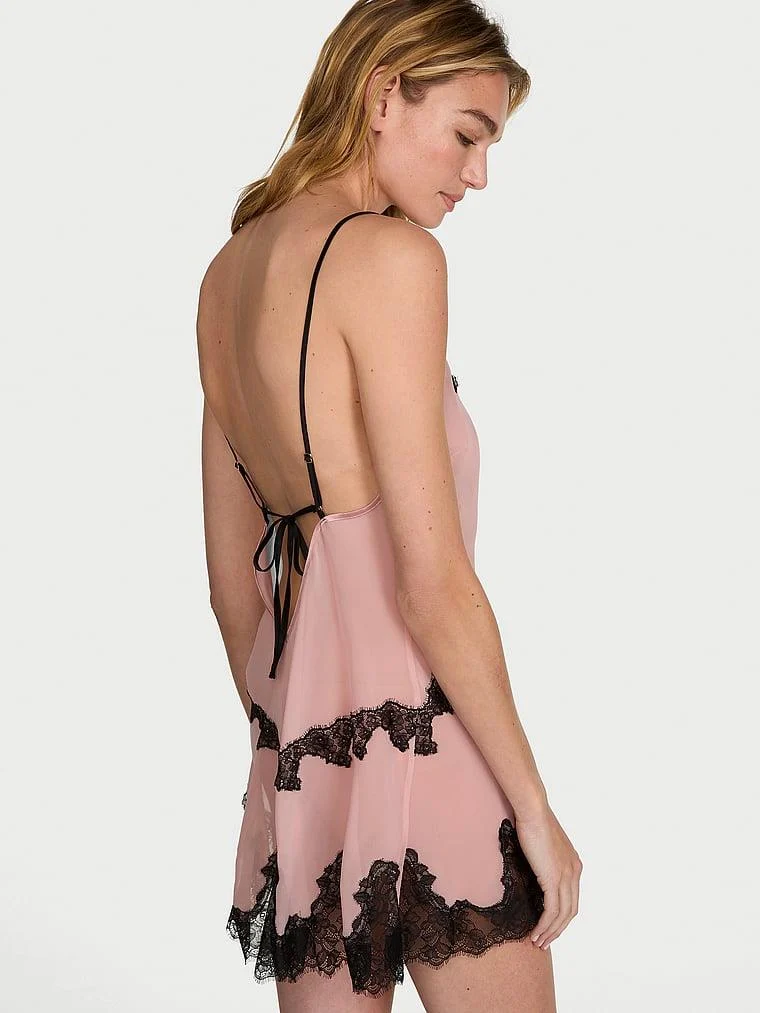 Sifon Dantelli Mini Askili Gecelik arka görünüm
