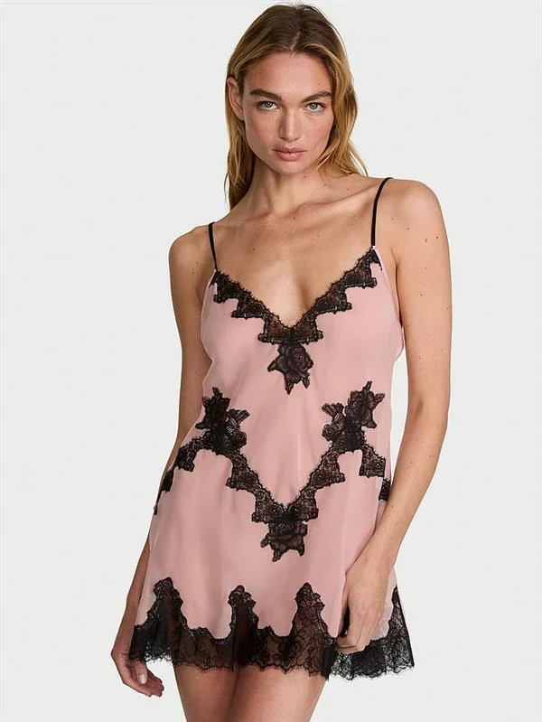 Sifon Dantelli Mini Askili Gecelik ön görünüm