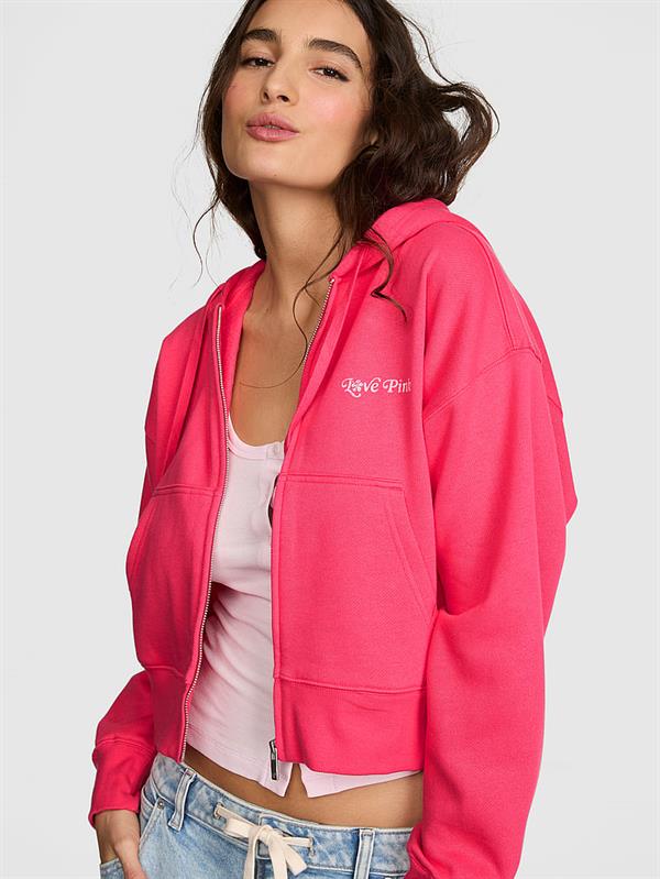 Pink Dar Kesim Fermuarli Kapusonlu Sweatshirt ön görünüm
