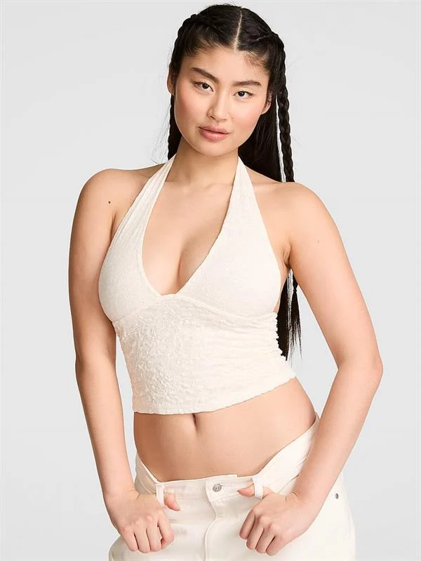 Pink Pink Base Dantelli Halter Yaka Bluz ön görünüm