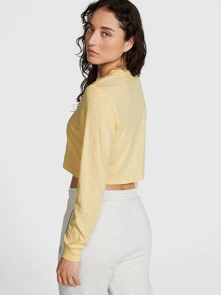 Pink Premium Pamuklu Crop Uzun Kollu Tisort arka görünüm
