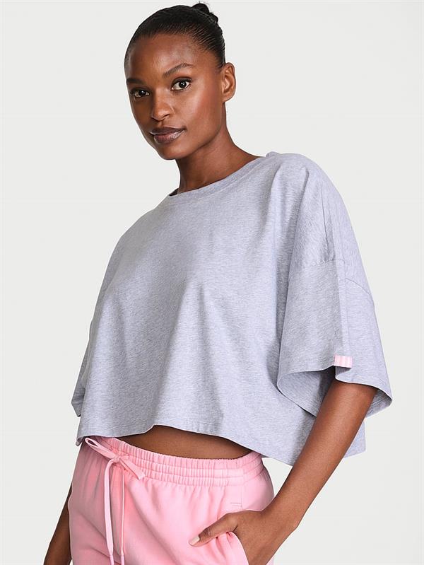 Logolu Pamuklu Oversize Crop Tisort