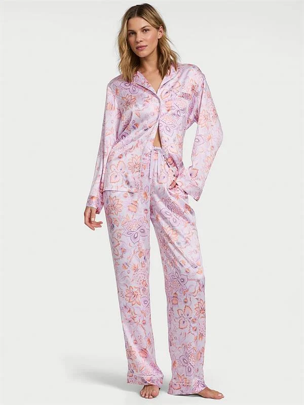 Parlak Saten Uzun Pijama Takimi ön görünüm