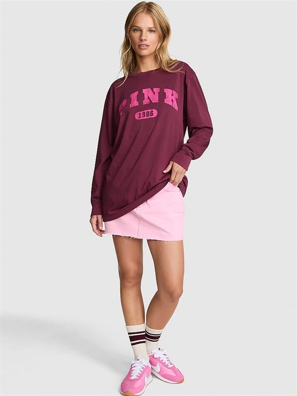 Pink Oversize Uzun Kollu Kampus Tisort